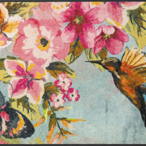 Paillasson lavable wash+dry Bloomibri – colibri et fleurs roses